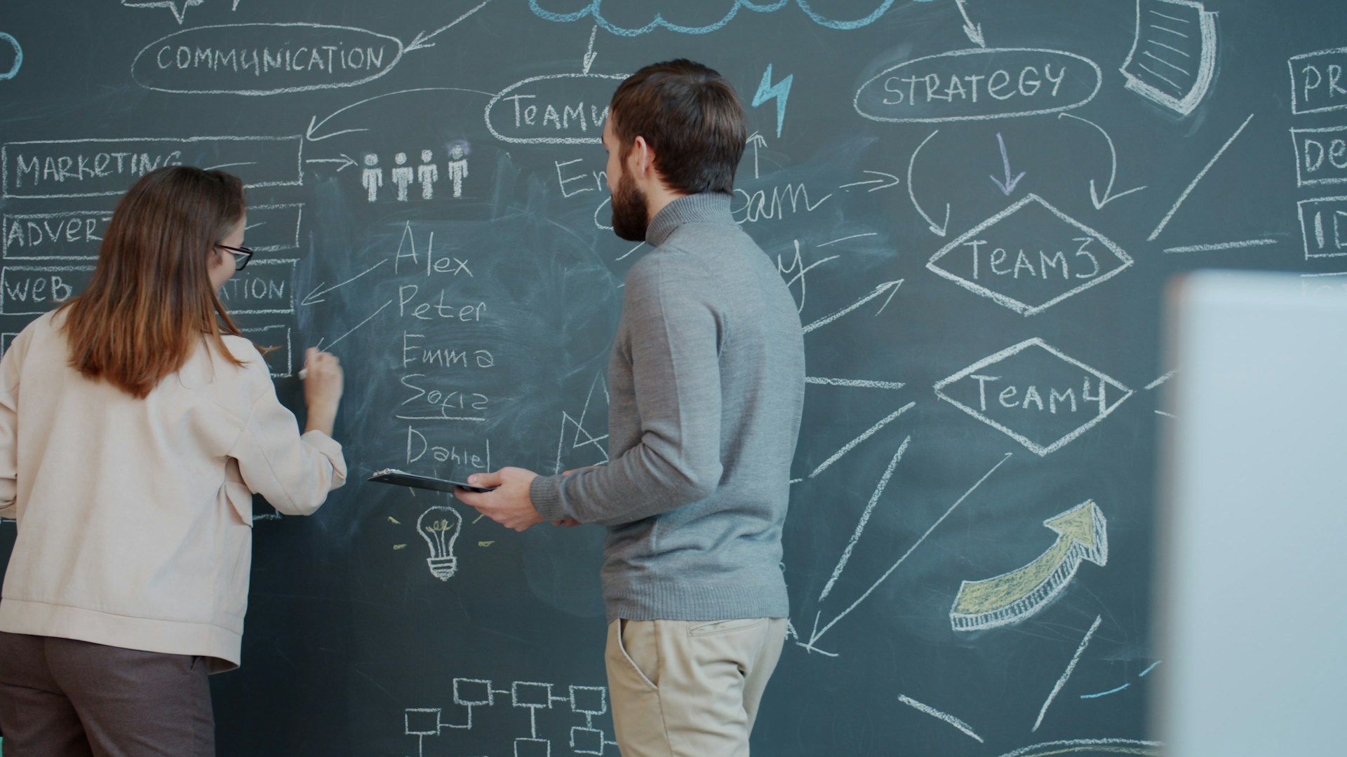 Business development strategy planning on a chalkboard