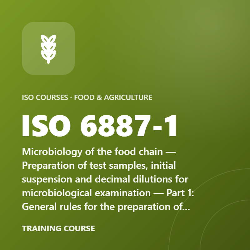ISO 6887-1 – Microbiology of the food chain — Preparation of test samples, initial suspension and decimal dilutions for microbiological examination — Part 1: General rules for the preparation of the initial suspension and decimal dilutions